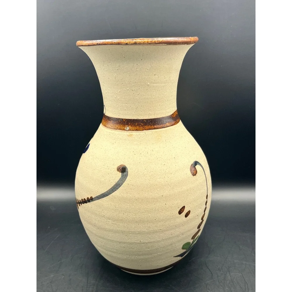 Vtg Acapulco Tonala Mexican Pottery Vase Hand‎ Painted Bird Floral Signed 8.5